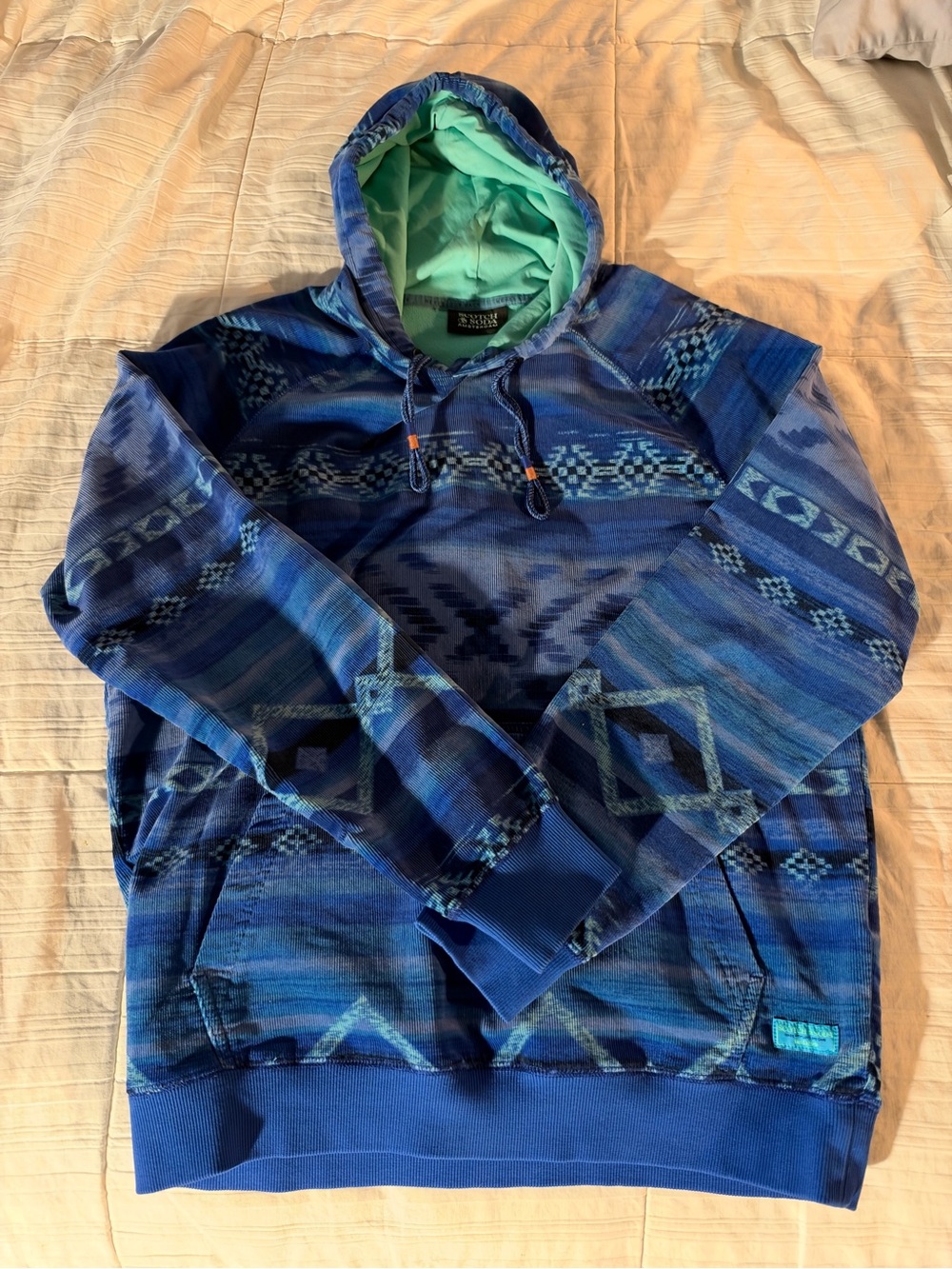 Scotch & Soda Blue Patterned Hooded Pullover with Mint Lining